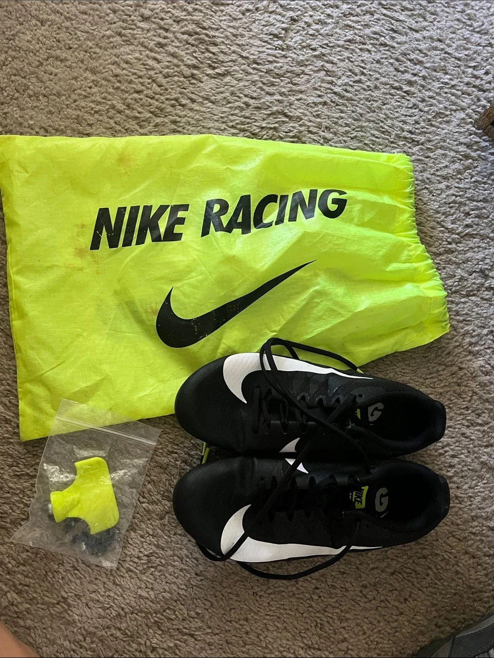 Nike Black & Neon Yellow Racing Spikes with Drawstring Spike Bag